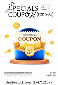 3d light yellow coupon inside a blue envelope, with lucky money and golden coins flying around, coupon code and percent price off, isolated on white background. Cashback gift voucher in 3d vector