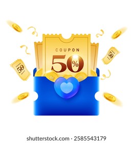 3d light yellow coupon inside a blue envelope, with lucky money and golden coins flying around, coupon code and heart icon, isolated on white background. Cashback gift voucher in 3d vector