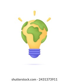 3D Lightbulb globe icon. Global ecological energy concept. Global solution with electricity. Trendy and modern vector in 3d style