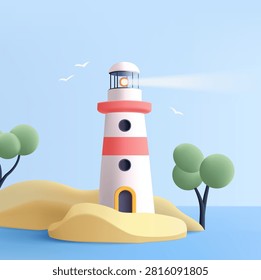 3D lighthouse building standing on a rocky coast and shining. Lighthouse on the coast. Vector illustration.
