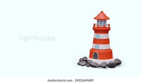 3D-Leuchtturm im Cartoon-Stil. Gestreifter Turm an der Küste, Ozean