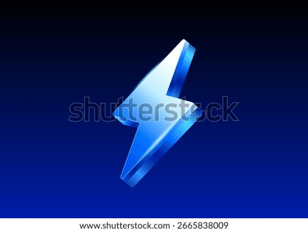 3d lightning bolt icon in blue metal style, isolated on dark blue background. Thunder or electric icon in 3d vector illustration