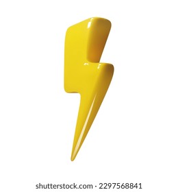 3D lightning bolt icon. Realistic illustration of a yellow lightning sign in plastic cartoon style isolated on a white background. Vector 10 EPS.