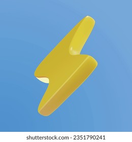 3D lightning bolt icon. Realistic illustration of a yellow thunderbolt sign in plastic cartoon style isolated on a blue background. Vector 10 EPS.