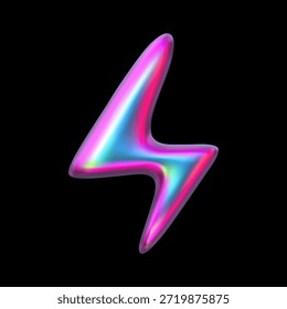 3D lightning bolt in neon blue and pink colors, holographic abstract figure, glow effect. Retro futuristic Y2K. Icon, logo, symbol, energy, speed. Vector illustration. Isolated on black background.