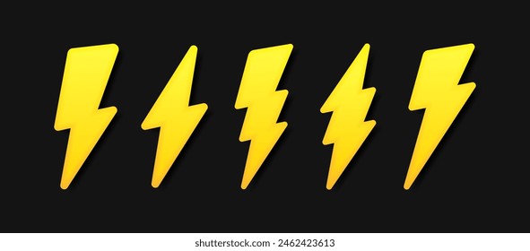 3d lightning bolt set. Thunderbolt, lightning strike on black background. Logo design of energy, power, charging. Modern flat style vector illustration.