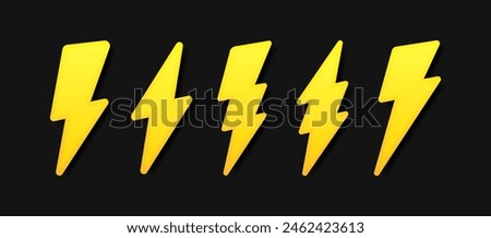 3d lightning bolt set. Thunderbolt, lightning strike on black background. Logo design of energy, power, charging. Modern flat style vector illustration.