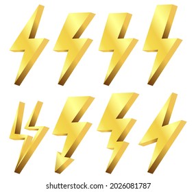 3D lightning bolts vector logo set.  Power and electric symbols. Vector illustration. Eps 10.