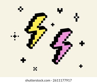 3D lightning flash pixel art black element. Thunder icon. Y2k inspired trendy collage sticker. Mood of 90's. 8-bit retro style vector illustration. Simple geometric shape. Game abstract lightning icon