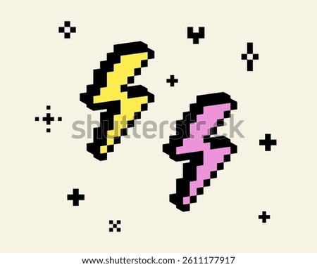 3D lightning flash pixel art black element. Thunder icon. Y2k inspired trendy collage sticker. Mood of 90's. 8-bit retro style vector illustration. Simple geometric shape. Game abstract lightning icon