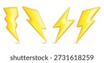 3d lightning icon. Bolt electric plastic yellow arrow, cartoon energy fast sign. Flash light power symbol realistic render, speed strike and thunder thunderbolt. Battery charger vector isolated set.