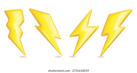 3d lightning icon. Bolt electric plastic yellow arrow, cartoon energy fast sign. Flash light power symbol realistic render, speed strike and thunder thunderbolt. Battery charger vector isolated set.