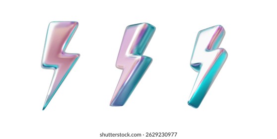 3D lightning icon with chrome holographic effect. Electric thunderbolt symbol of energy, power, and speed. Futuristic glossy gradient.