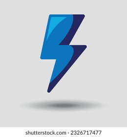 3D lightning icon with a shadow on a gray background. Vector lightning icon