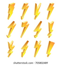 3D Lightning Icons Vector Set. Cartoon Yellow Lightning Isolated Illustration. Danger, Energy Icon. Lightning Bolt. 