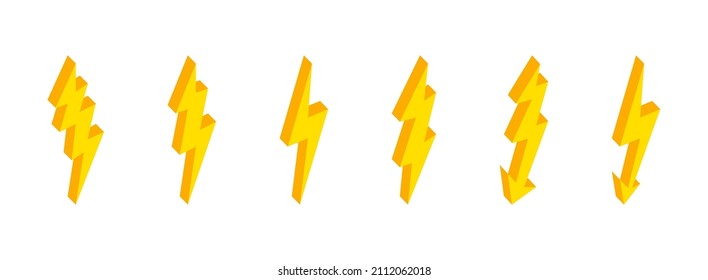 3d lightning. Isometric lightning thunder icons. Flash of energy. Bolt and thunderbolt. Electric power of lightening in storm. Elements for nature, fast, charge, battery and danger. Vector.
