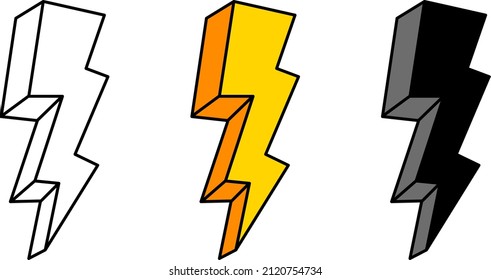 3D lightning set. Funny symbol of lightning strike, energy, electric voltage, retro design element. vector illustration eps 10