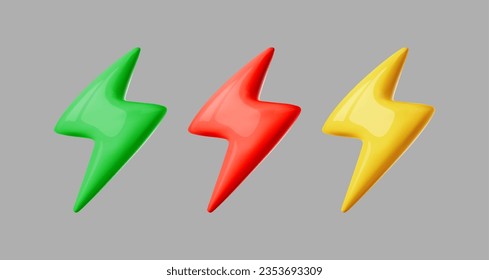 3d lightning stop vector icon. Set red, yellow and green flash isolated on white background. Symbol of thunderbolt energy, power battery, announce, danger. Cartoon illustration in plastic style