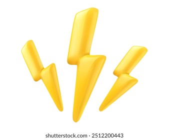 3d lightning. Yellow 3 thunderbolts with glossy reflection icon. Render of lightning hit, electric strikes, flash of thunderbolt. Isolated cartoon vector illustration.