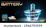 3d Li-Ion AA battery surrounded by glowing halos. Banner advertisement designed on a blue-black background