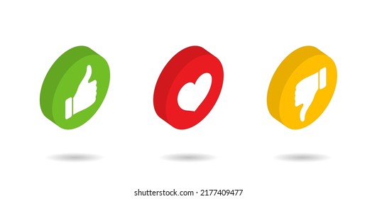 3d Like Button. Isometric Icons Of Thumb, Heart And Dislike. Logos For Social Media With Love, Awesome, Up Andpositive Emoticons. Symbol For Notification, Message, Vote. Vector.