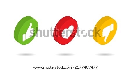 3d like button. Isometric icons of thumb, heart and dislike. Logos for social media with love, awesome, up andpositive emoticons. Symbol for notification, message, vote. Vector.