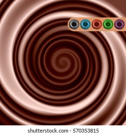 3D like dark smooth and silky chocolate, ice cream, fruit milk, yogurt, smoothie, food, skin care or another daily product swirl and color variants set. Realistic stock vector background or texture.