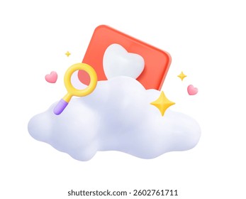 3D like heart with cloud and magnifying glass. Concept of social media search, romantic messaging, and notification. Vector illustration.