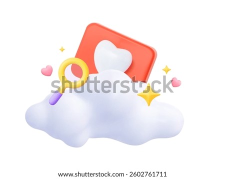 3D like heart with cloud and magnifying glass. Concept of social media search, romantic messaging, and notification. Vector illustration.