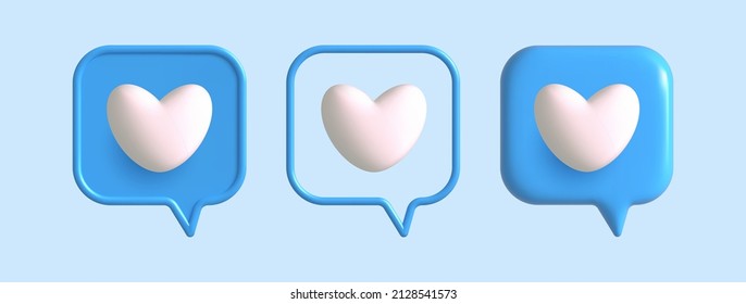 3d like heart icon in blue speech bubble. Social media icons different shapes .Message love box,follow, button, like favorite element . Vector realistic illustration