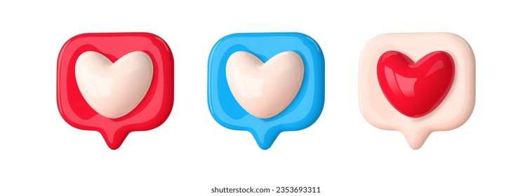 3d like heart icon. Set of hearts in speech bubble notification.Social media like message isolated on white background. Vector cartoon illustration