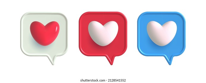 3d like heart icon speech bubble. Social media icons different shapes .Message love box,follow, button, like favorite element . Vector realistic illustration