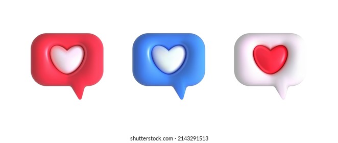 3d like heart icon speech bubble. Social media icons different shapes .Message love box,follow, button, like favorite element . Vector realistic illustration