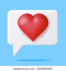 3D Like Icon with Heart Isolated. Social Media Notification Button. Love Like Symbol in White Rounded Square Pin. Rendering Chat Balloon Pin. Social Network Media App. Realistic Vector Illustration