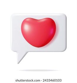 3D Like Icon with Heart Isolated. Social Media Notification Button. Love Like Symbol in White Rounded Square Pin. Rendering Chat Balloon Pin. Social Network Media App. Realistic Vector Illustration