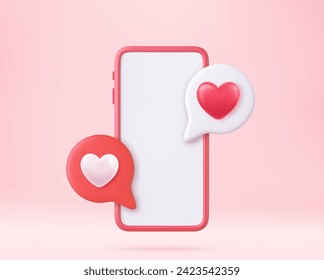 3D Like Icon with Heart and Smartphone. social media online concept, online social communication. design of valentines day wedding decoration and marriage theme. 3D rendering. Vector illustration