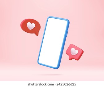 3D como icono con corazón y smartphone. concepto de medios sociales en línea, comunicación social en línea. diseño de decoración de bodas y tema de matrimonio del día de San Valentín. representación 3D. Ilustración de vector