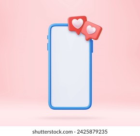 3D Like Icon with Heart and Smartphone. social media online concept, online social communication. design of valentines day wedding decoration and marriage theme. 3D rendering. Vector illustration