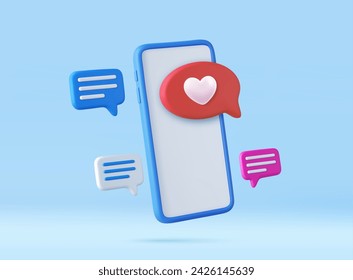 3D Like Icon with Heart and Smartphone. social media online concept, online social communication. design of valentines day wedding decoration and marriage theme. 3D rendering. Vector illustration