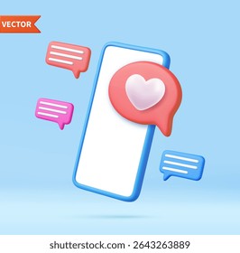 Icône 3D Like avec coeur et smartphone. concept de moyennes sociales en ligne, communication sociale en ligne. conception de la décoration de mariage de saint-valentin et thème du mariage. Rendu 3D. Illustration vectorielle
