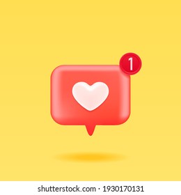 3D Like icon with notifications, isolated on yellow background. 3D social media notification, like heart icon design. Vector illustration.