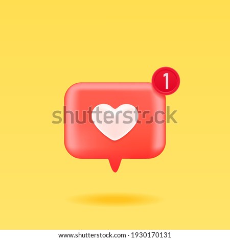 3D Like icon with notifications, isolated on yellow background. 3D social media notification, like heart icon design. Vector illustration.