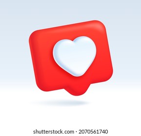 3d like icon, red speech bubble with heart symbol. Social media post notification, online communication chat element vector illustration. Sign for networking sites or mobile application