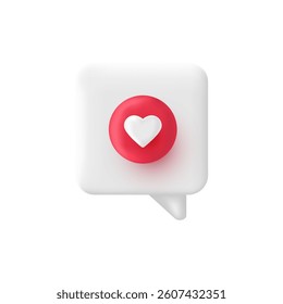 3d like icon. Social media love emoji. Speech bubble symbol. Heart button reaction. Feedback concept. Vote post, promotion communication. Comment button. Notification live stream. Vector illustration.