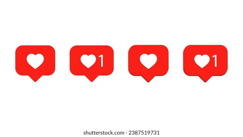 3d Like and love icon button. heart flat icon in modern 3d speech bubble shapes , Social media notification icons. emoji post reactions set. like 1 counter. Vector illustration