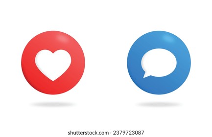 3d Like and Message button vector icons for web. Realistick heart and speech bubble in circle with shadows and highlights. Love and chatiing symbol.