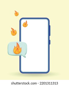 3D Like message with FIre icon in Smartphone Isolated. Social Media Notification Button. Hot Like Symbol in Rounded Pin. Rendering Chat Balloon Pin. Social Network Media App. Realistic Vector