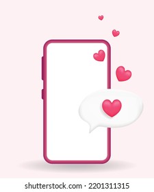 3D Like message with Heart in Smartphone Isolated. Social Media Notification Button. Love Like Symbol in Rounded Pin. Rendering Chat Balloon Pin. Social Network Media App. Realistic Vector