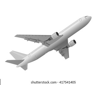 3D like vector illustration of jet airplane taking off on white background