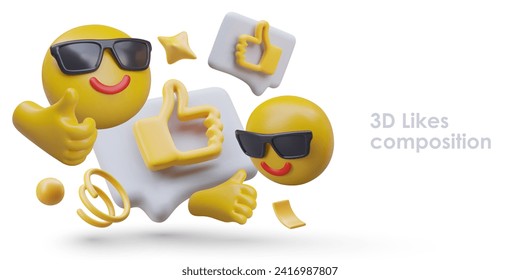 3d likes composition. Flying emoticons with black sunglasses and hands. Reaction to social media. Vector illustration in 3d style with place for text and white background